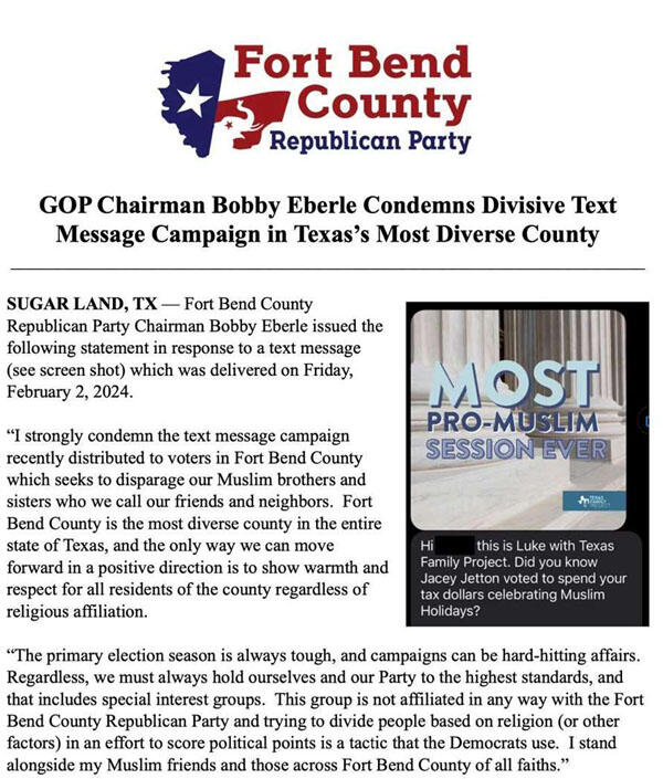 Fort Bend GOP Chair condemns “the divisive text message campaign”