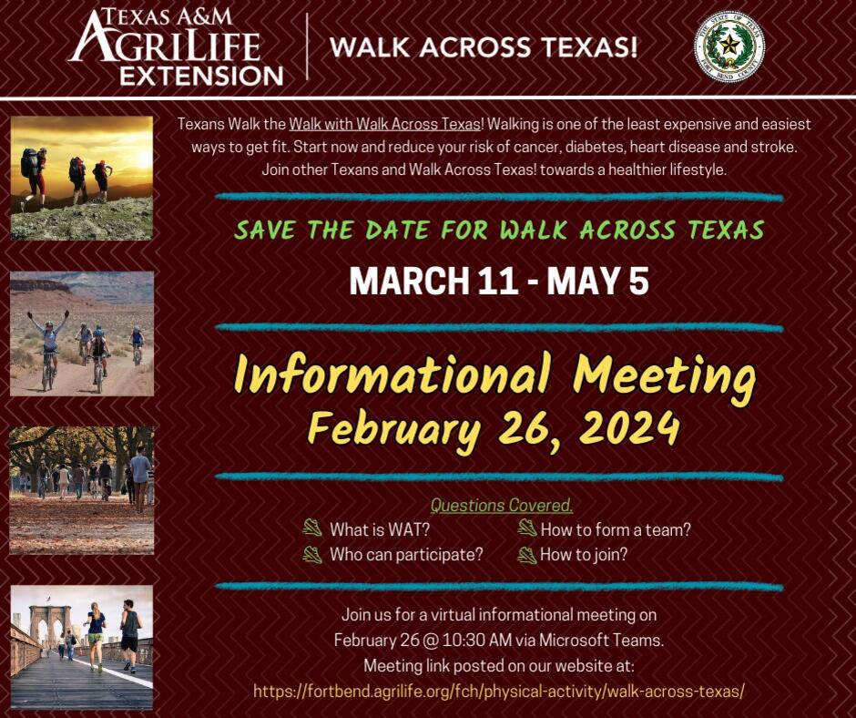 Walk Across Texas! Adult program kickoff set for March 11 in Fort Bend County.