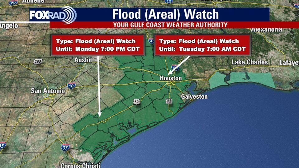 A Flood Watch has been issued for Harris, Fort Bend, Brazoria, Brazos, Montgomery, Walker, Wharton, Matagorda, Waller, Washington, Austin, Colorado, Jackson, Grimes, Burleson, Madison